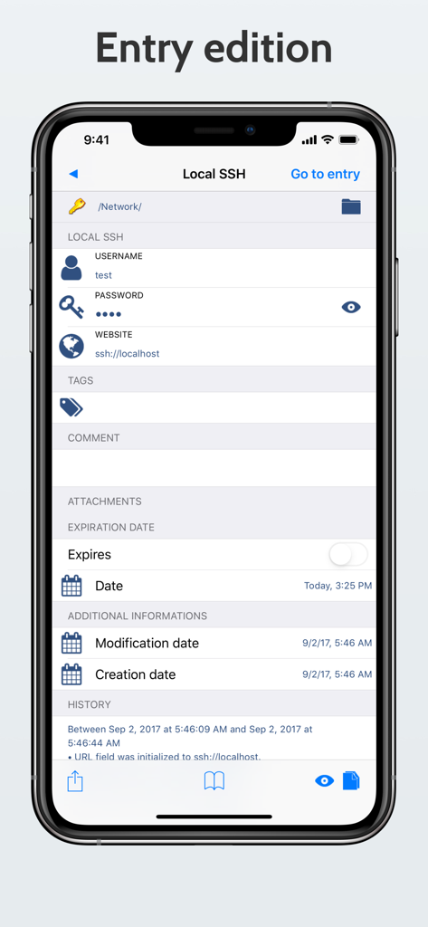 Interfaccia dell'app KyPass per la modifica di una voce di password che mostra i campi per il nome utente, la password e la cronologia dell'account