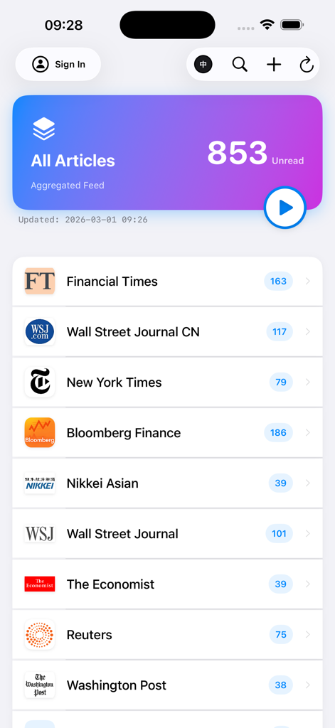 ONews app interface showing a list of premium news sources and unread article counts