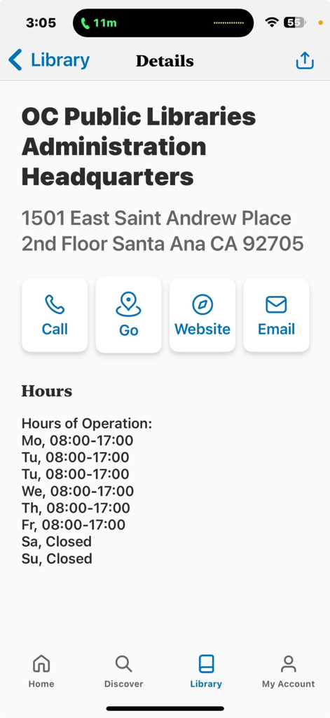 A screen showing OC Public Libraries branch details including address contact buttons and opening hours