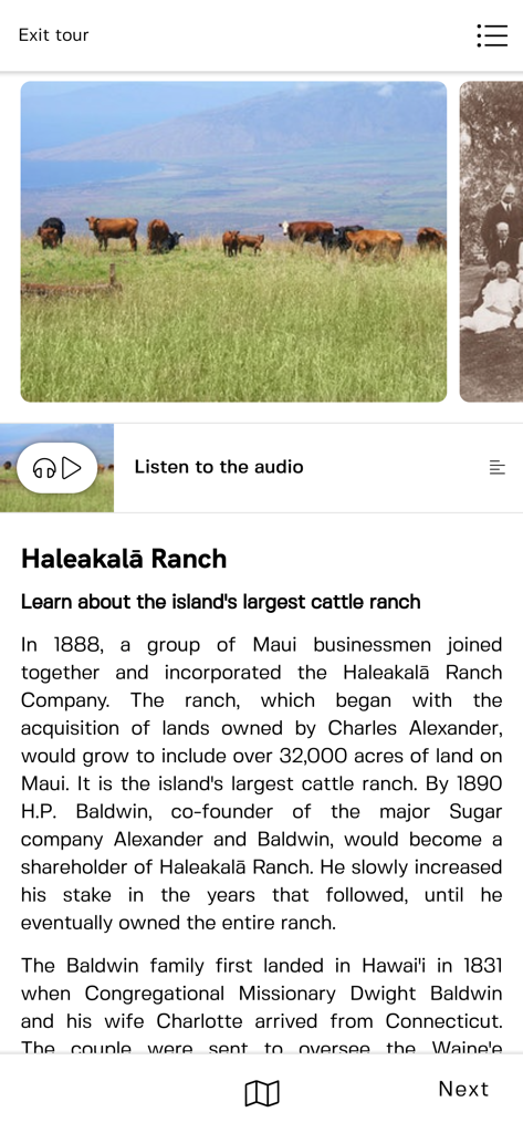 Haleakala National Park Tour - Haleakala National Park Tour app screen showing history of Haleakala Ranch with a photo of cattle and audio narration option