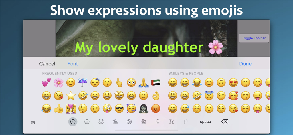 Photo Markup - Draw & Annotate - Screen showing an emoji keyboard used to add expressions and symbols to a photo with text