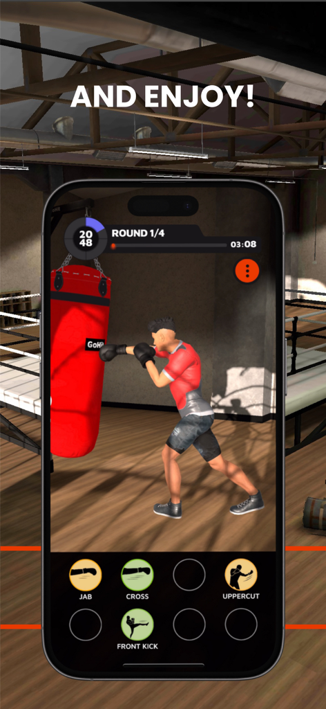GoHit - Kickboxing Workout - Interfaz de la app GoHit mostrando un entrenador virtual de kickboxing e iconos de ritmo de golpeo