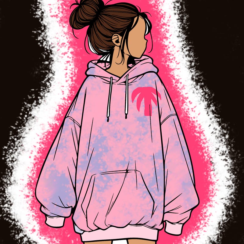 realistic girl with a oversized sweatshirt on and a bun