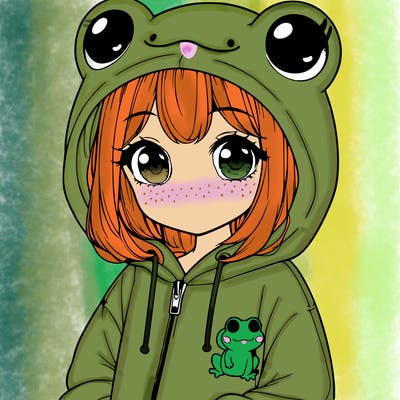 cute realistic girl in a froggy hoodie