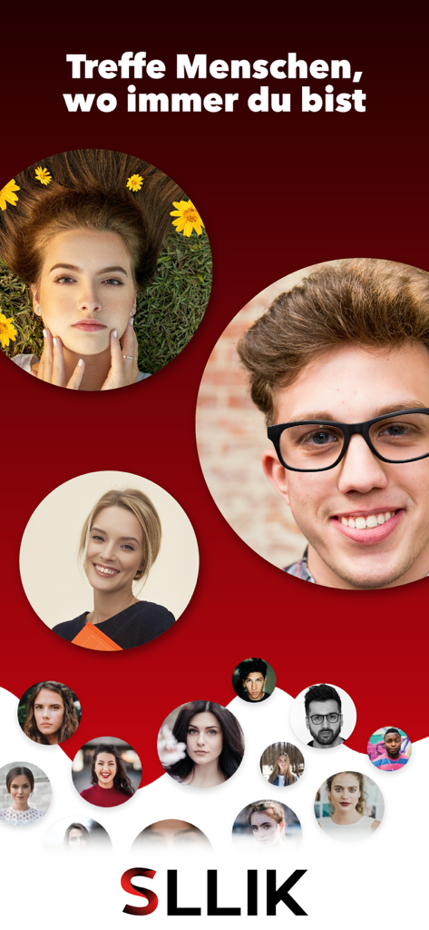 SLLIKソーシャルアプリのインターフェース。多様なユーザープロフィールと「どこにいても人に出会える」というメッセージを表示。