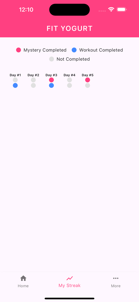 FitYogurt: Home Workouts Guide - Pantalla del rastreador de rachas de la aplicación FitYogurt que muestra el progreso de los entrenamientos misteriosos y regulares a lo largo de cinco días.