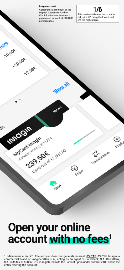 Interfaccia dell'app di mobile banking imagin che mostra un conto online senza commissioni e i dettagli di MyCard