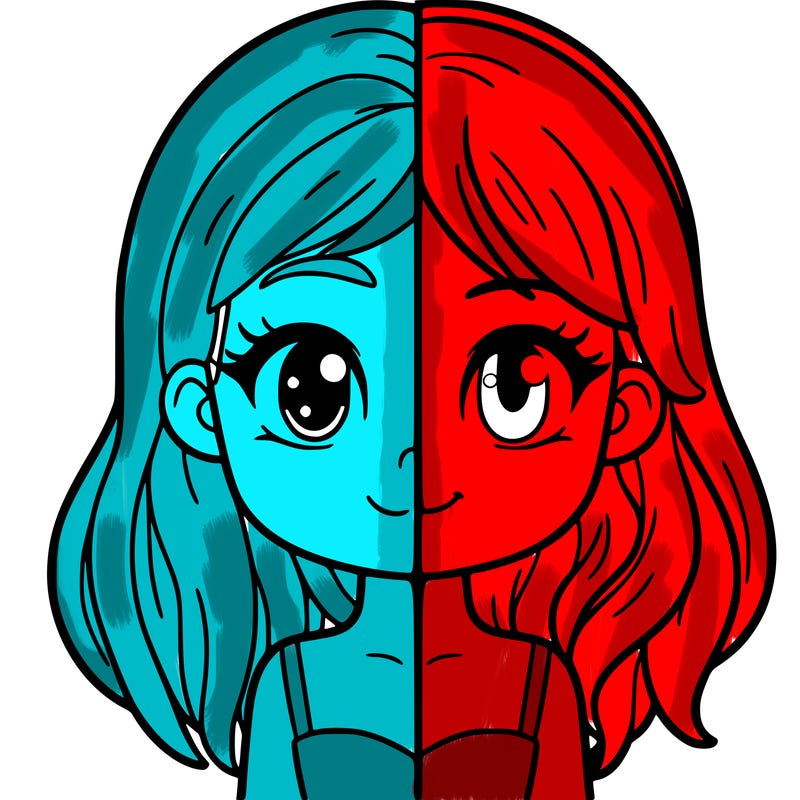 a half split of a girl each side is different