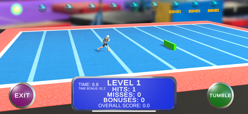 CHEER Official 3D - Gameplay screen of CHEER Official 3D showing a character running on a blue mat during a Level 1 tumbling challenge