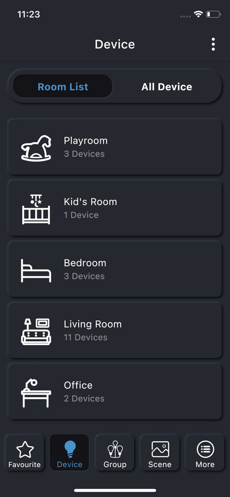 PIXIE PLUS - PIXIE PLUS app interface showing smart home device management organized by room including Playroom Bedroom and Living Room