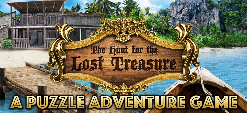 The Lost Treasure - The Lost Treasure puzzle adventure game title screen featuring a tropical island and pirate cove background