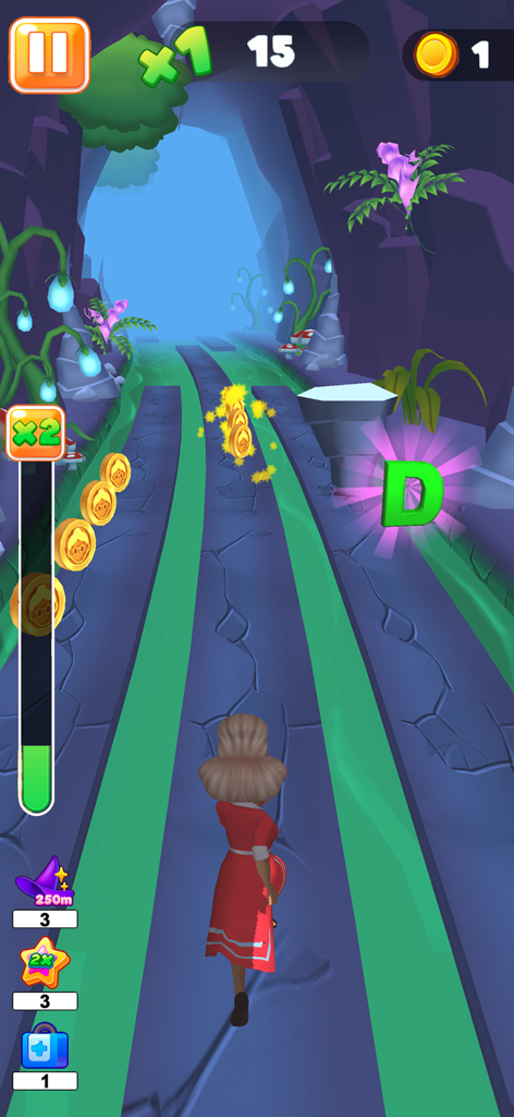 Granny Run 3D runner Game - Granny character running through a glowing forest cave in a 3D runner game