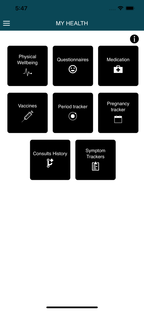 LifeData - LifeData app interface showing health tracking tiles for medication vaccines and symptom history
