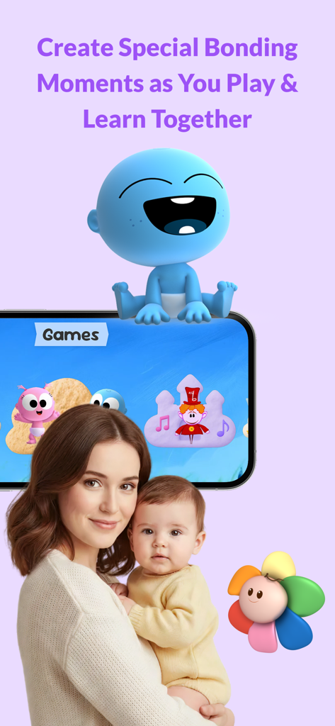 First | Fun Learning for Kids - Una madre sosteniendo a su bebé junto a un iPad que muestra juegos educativos de la aplicación First.