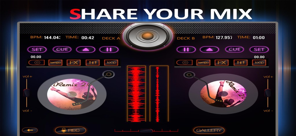iRemix 2.0 DJ Music Remix Tool - iRemix 2.0 DJ mixer interface with dual turntables and share your mix feature