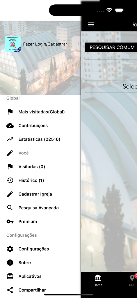 Relatório CCB - Menu lateral do aplicativo Relatorio CCB mostrando opções de navegação como estatísticas da igreja, histórico e registro de igrejas