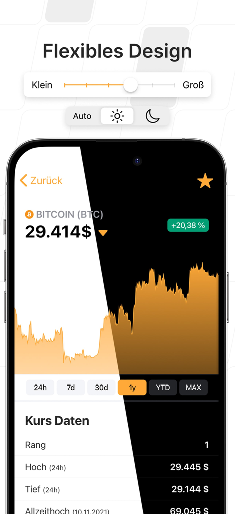 BTC-ECHO Bitcoin & Krypto News - Interface of the BTC-ECHO app showing Bitcoin price charts and customization options for dark mode and text size