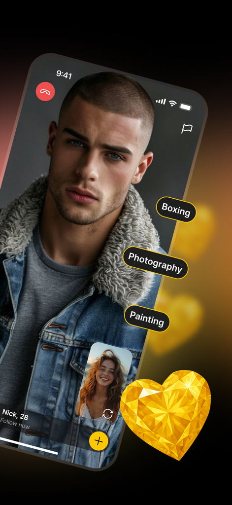 Lola: Live Video Chat, Explore - Interfaz de chat de video en vivo de la aplicación Lola que muestra perfiles de usuario y etiquetas de intereses como boxeo y fotografía