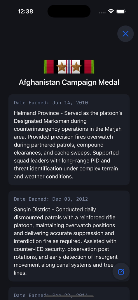 Rack Builder Pro - Detailed service record for the Afghanistan Campaign Medal within the Rack Builder Pro app showing ribbon icons and mission descriptions