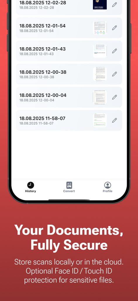 PDFコンバーターアプリのドキュメント履歴とセキュリティ機能が表示されたスマートフォン画面