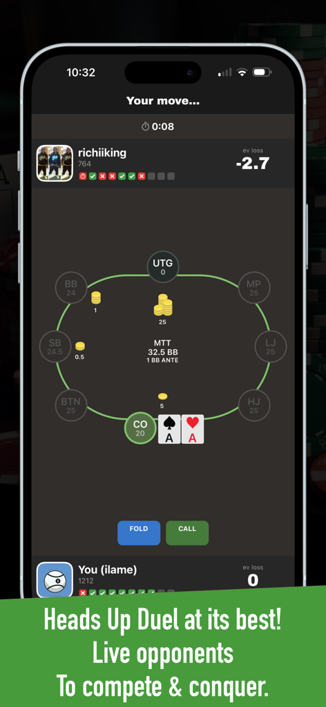 GTO Battle+ : Poker Puzzles! - Captura de pantalla móvil del juego de acertijos de póker GTO Battle con un duelo cara a cara con pocket aces