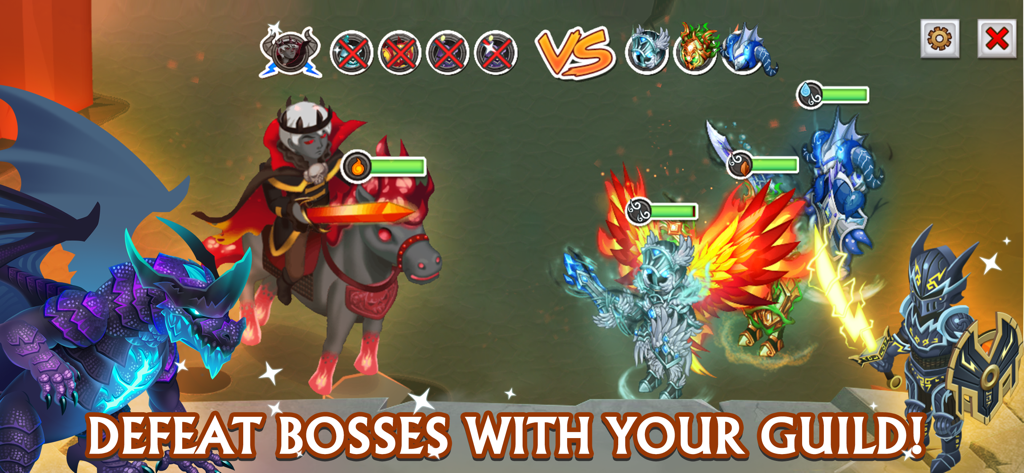 Escena de batalla de Knights and Dragons RPG donde los jugadores cooperan con su gremio para derrotar a un dragón jefe morado gigante usando armaduras elementales.