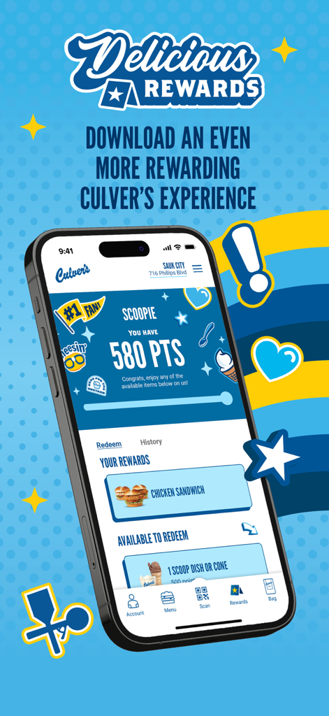 Culver's mobile app Delicious Rewards screen showing loyalty points and redeemable items like a chicken sandwich and custard scoop.