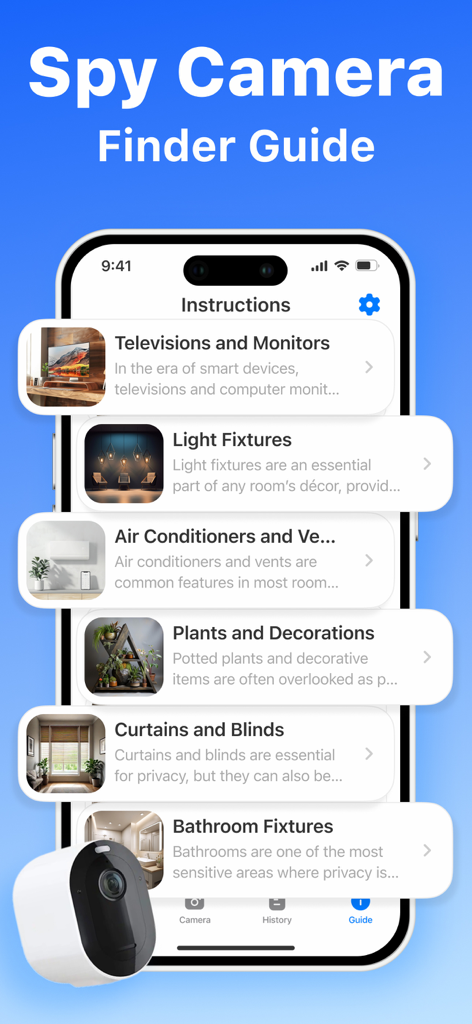 Hidden Spy Camera Detector App - TV 및 조명기구와 같은 일반적인 가정용 물건에서 수동 몰래카메라 탐지를 위한 가이드를 보여주는 모바일 앱 인터페이스