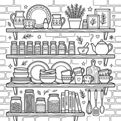 Unleash your creativity with this intricate coloring page featuring beautifully arranged kitchen wall shelves. Explore a world of spices, dishes, and culinary charm, perfect for colorists of all ages.