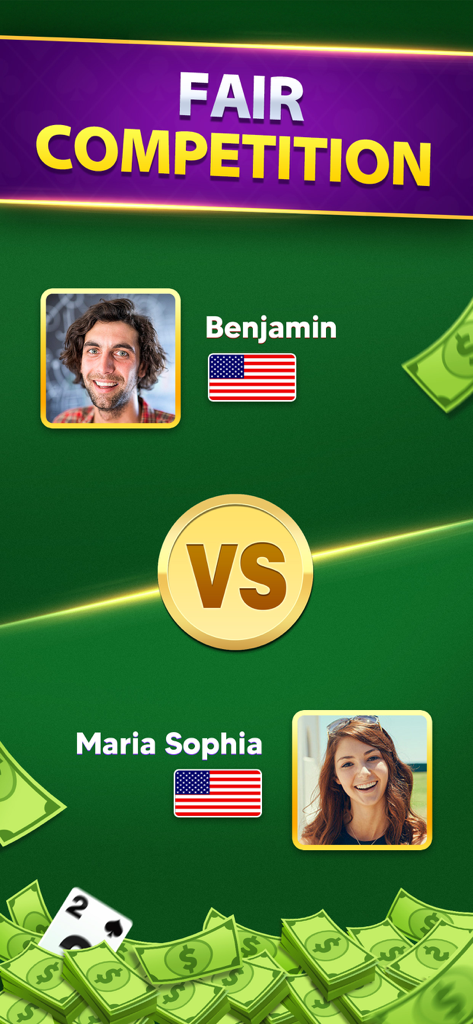 Solitaire Lucky Win Cash - Pantalla de competencia justa mostrando a dos jugadores de EE. UU. compitiendo por premios en efectivo.