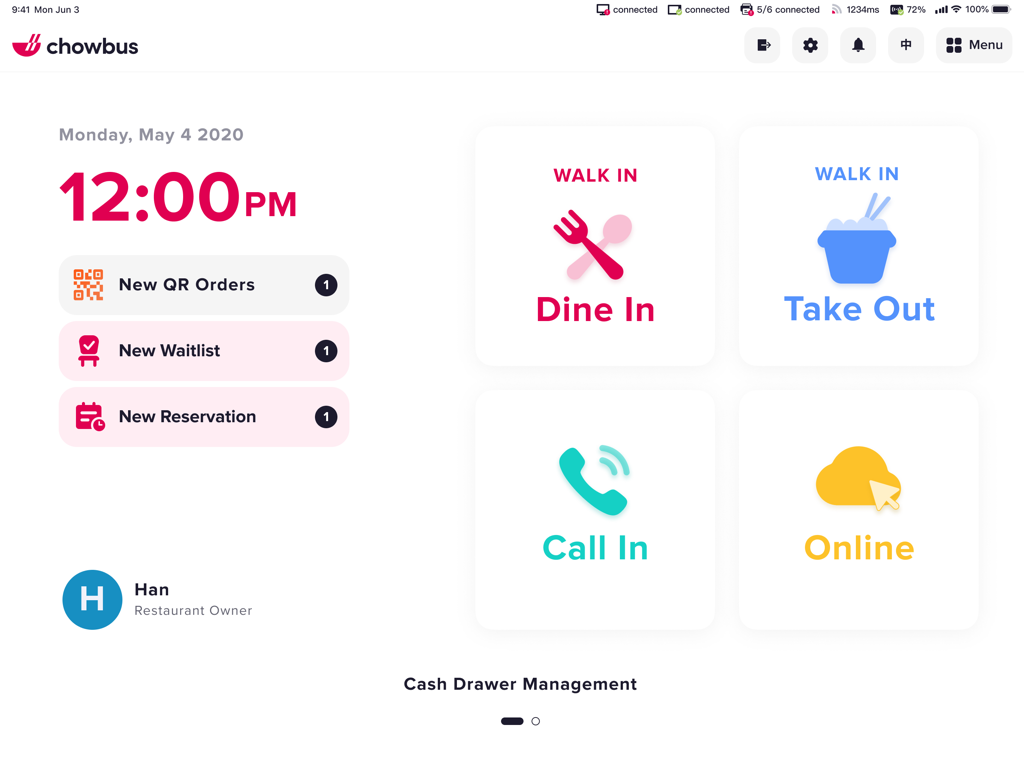 Chowbus POS - Main dashboard of the Chowbus POS app showing ordering options for dine-in, take-out, and online orders on an iPad interface.