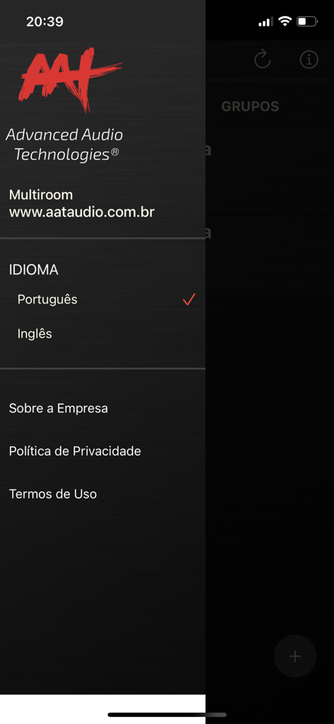 Multiroom - Sidebar menu of the Multiroom app showing language settings and links to privacy policy and terms of use