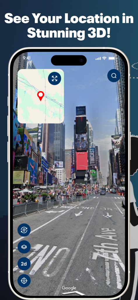Écran d'application iPhone montrant une vue en double écran avec une vue de rue à 360 degrés de Times Square et une superposition de carte 2D