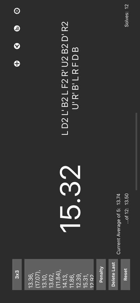 Five Timer - Five Timer app interface showing a 3x3 Rubiks Cube solve time with WCA scramble and session statistics