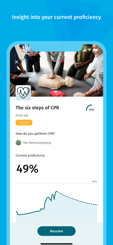 Drillster - Drillster App-Oberfläche mit einer Kompetenzbewertung und einem Lernkurvendiagramm für einen HLW-Schulungskurs