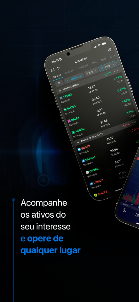 Profit Mobile - Profit Mobile app screen showing a list of Brazilian stock quotes and a tagline about trading from anywhere