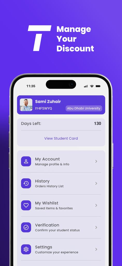 Tolaab Studenten-App-Profilbildschirm mit Benutzerkontodetails und Verifizierungsstatus
