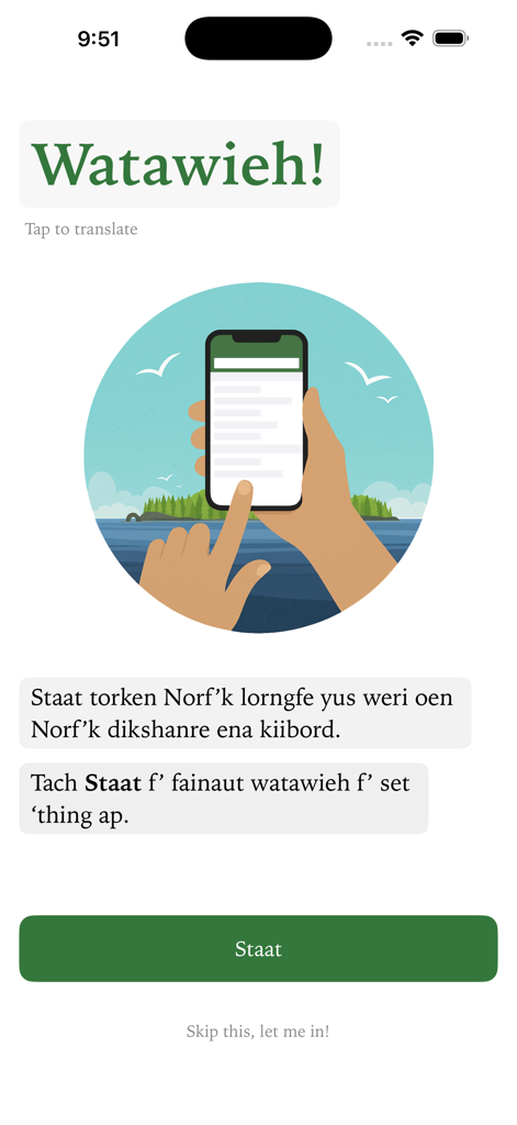 The onboarding screen of the Speak Norf'k app featuring a greeting in the Norf'k language and a start button.