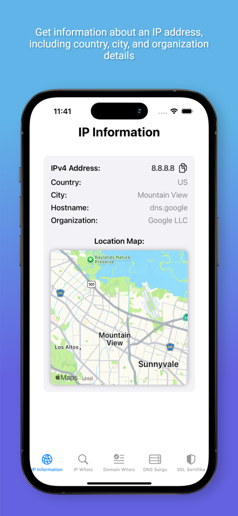 Whois Master - Whois Master app interface displaying IP address details and a geographic location map