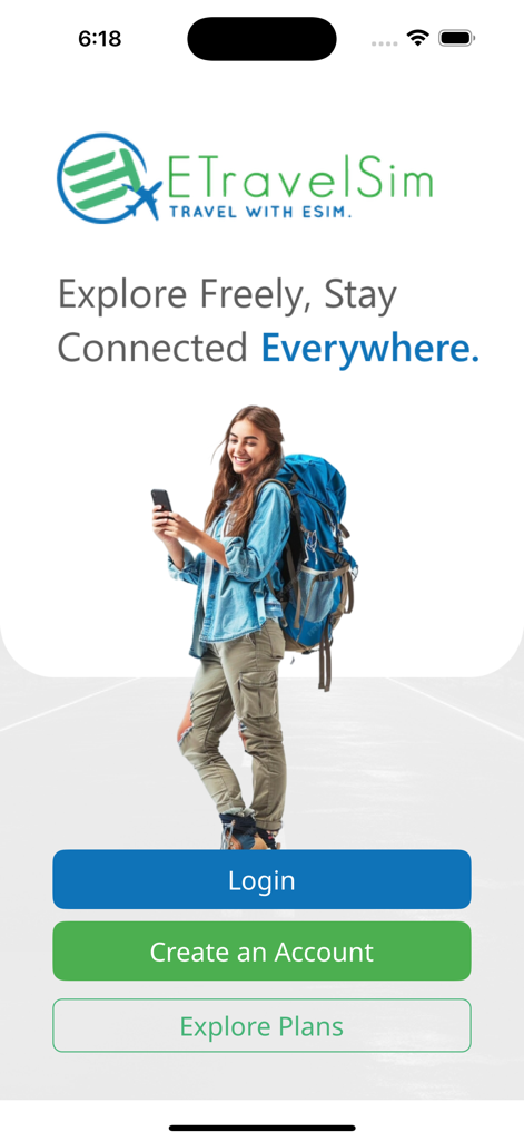 eTravelsim - Travel eSim - eTravelsimアプリのウェルカムスクリーン。電話を持った旅行者と、ログインおよびeSIMプランの探索ボタンが表示されています。