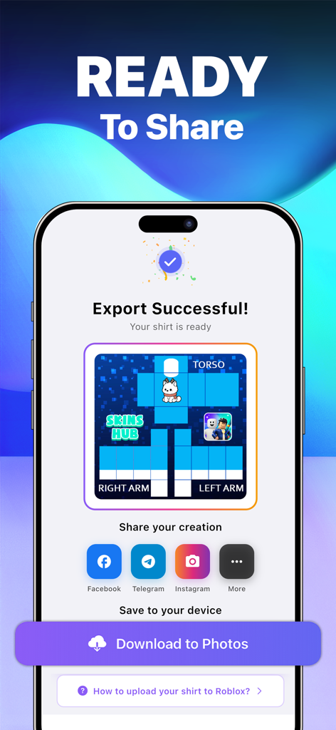 A mobile interface showing a successful export of a custom Roblox shirt template with sharing and download options