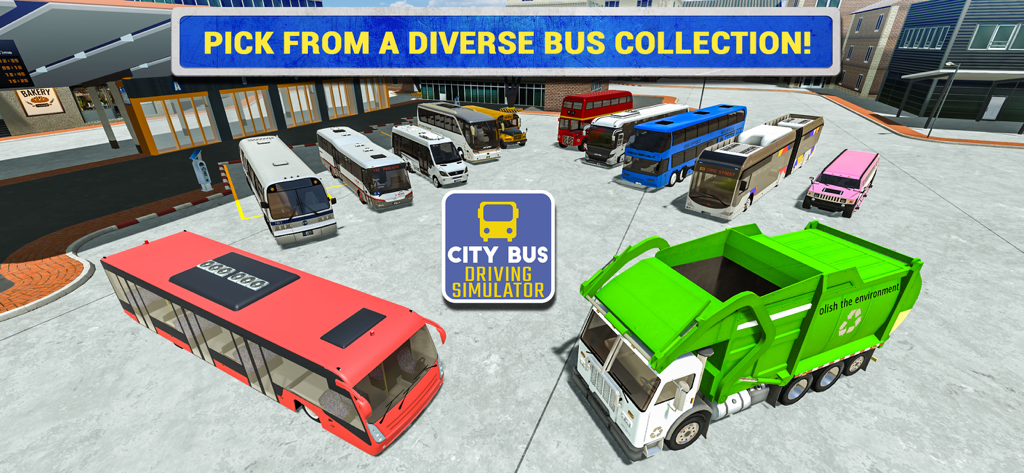 City Bus Driving Sim - Una colección diversa de autobuses y vehículos especializados en un entorno urbano del juego City Bus Driving Sim