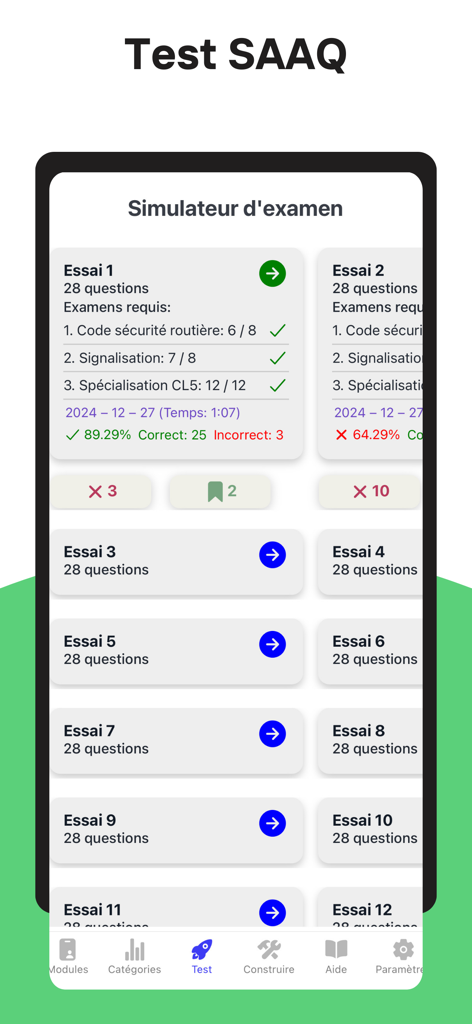 Test SAAQ - Pantalla del simulador de examen en la aplicación Test SAAQ que muestra varios intentos de examen de práctica con puntuaciones y estadísticas