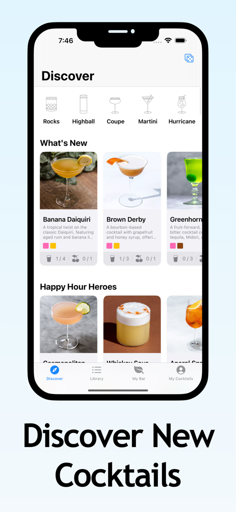 Screenshot of the Discover tab in the Bart cocktail recipes app showing drink categories by glassware and recommended recipes like Banana Daiquiri and Brown Derby.