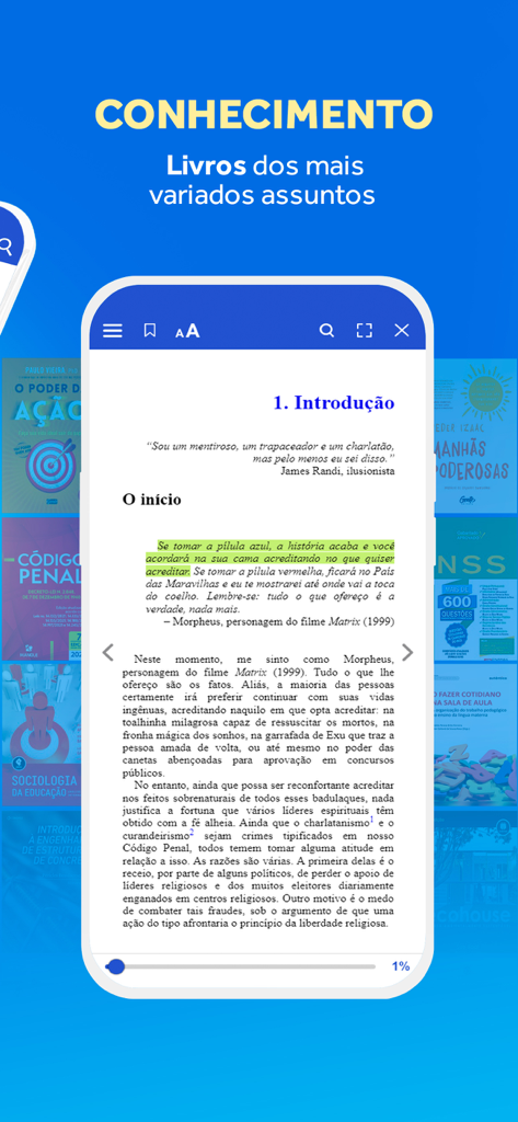 Bookplay - Tela de smartphone exibindo o e-reader do aplicativo Bookplay com texto em português e uma passagem destacada.