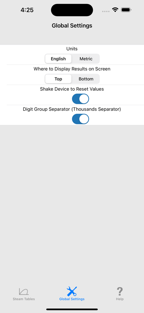 Global settings screen of the Steam Tables app showing configuration options for units and display preferences.