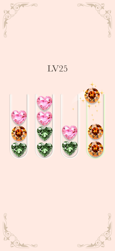 Block puzzle pro Gem for watch - Uma captura de tela de um jogo de quebra-cabeça de classificação de joias para celular mostrando quatro tubos de ensaio com joias coloridas em forma de coração e redondas