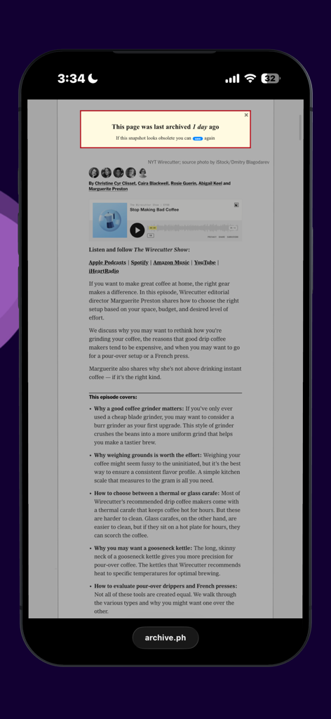 WebRewind - Web Archiver - WebRewind Safari拡張機能経由でアーカイブされた記事を表示するiPhone画面。ページが1日前にアーカイブされたという通知が表示されます。