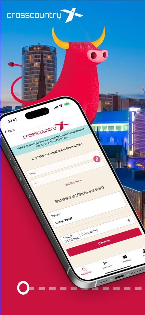 CrossCountry mobile app interface for booking train tickets with a Birmingham city background