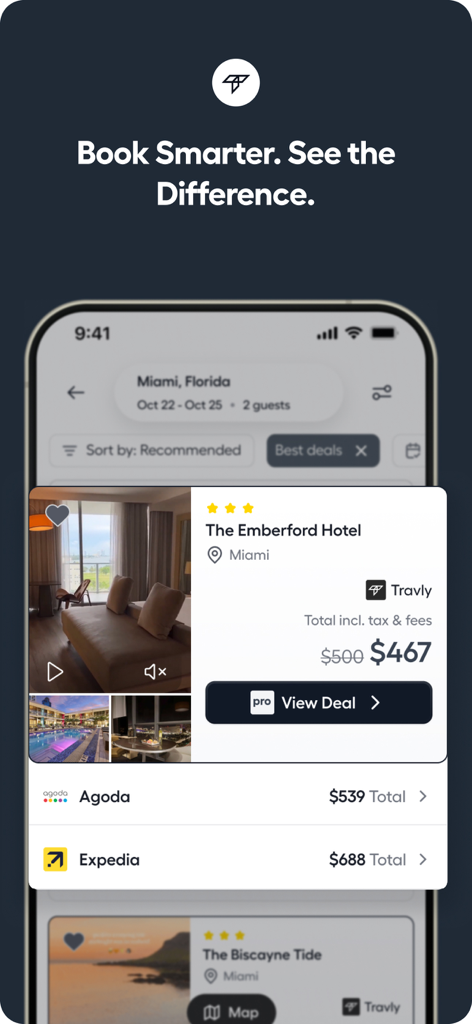 Pantalla de smartphone mostrando comparación de precios de hoteles entre Travly y otras apps de viajes para una estancia en Miami
